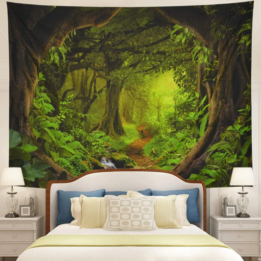 Tree Cave Wall Hanging, Misty Forest Stream through Rainforest Landscape, Jungle Creek Psychedelic Forest Nature Tapestry