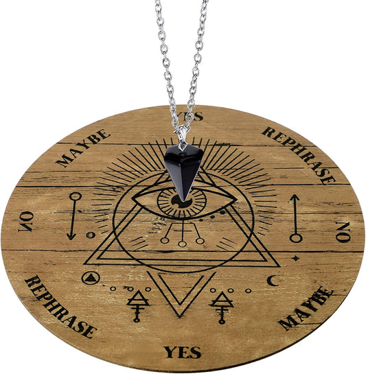 Wooden Divination Pendulum Crystal Necklace and Metaphysical Message Board Kit, 3.9 Inch