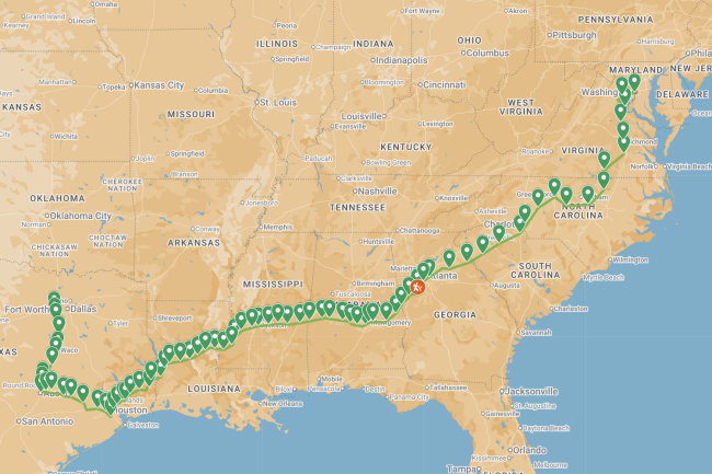 Map showing the 2,300-mile route the monks are taking on their peace walk from Texas to Washington DC.